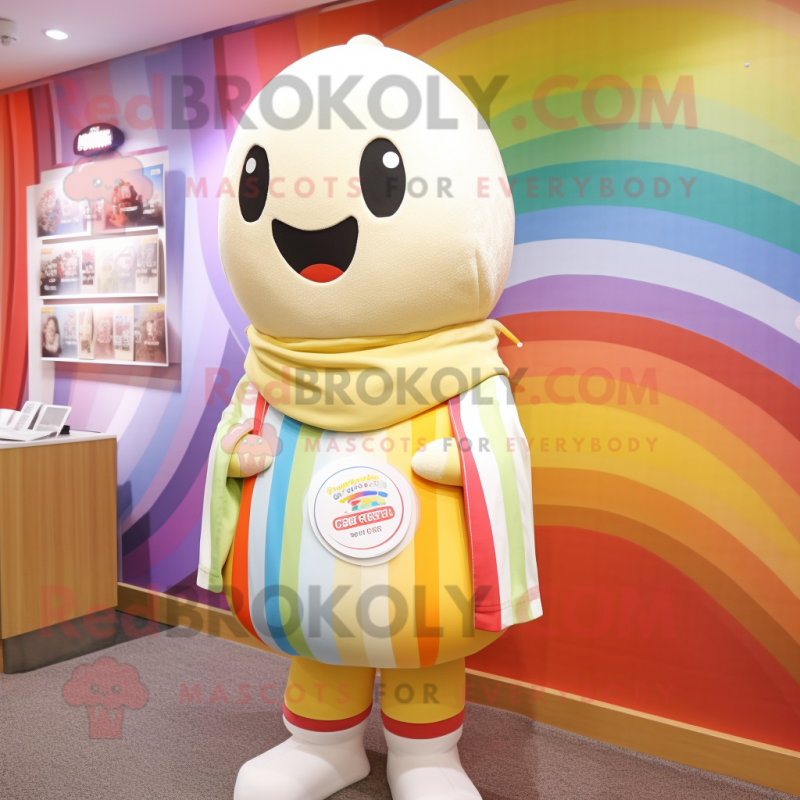 Cream Rainbow mascot costume character dressed with a Sweatshirt and Shawls