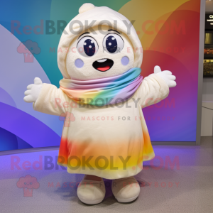 Cream Rainbow mascot costume character dressed with a Sweatshirt and Shawls