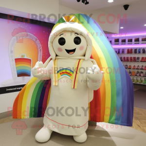 Cream Rainbow mascot costume character dressed with a Sweatshirt and Shawls