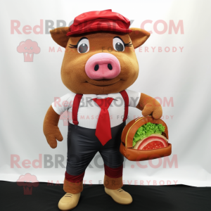 Red Pulled Pork Sandwich mascot costume character dressed with a Chinos and Pocket squares