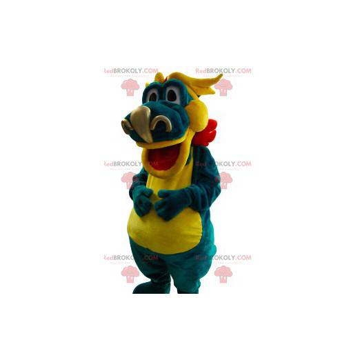 Mascotte de dragon vert et jaune. Costume de dragon -