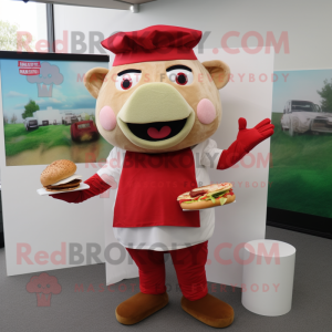 Red Pulled Pork Sandwich mascot costume character dressed with a Chinos and Pocket squares