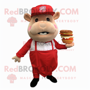 Red Pulled Pork Sandwich mascot costume character dressed with a Chinos and Pocket squares