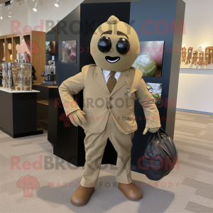 Tan Grenade mascot costume character dressed with a Suit Jacket and Tote bags