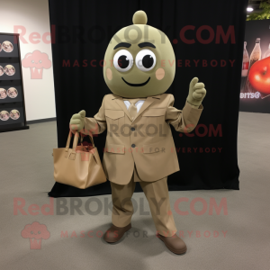 Tan Grenade mascot costume character dressed with a Suit Jacket and Tote bags