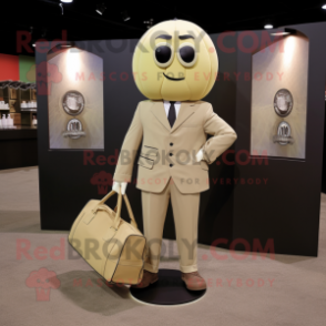 Tan Grenade mascot costume character dressed with a Suit Jacket and Tote bags