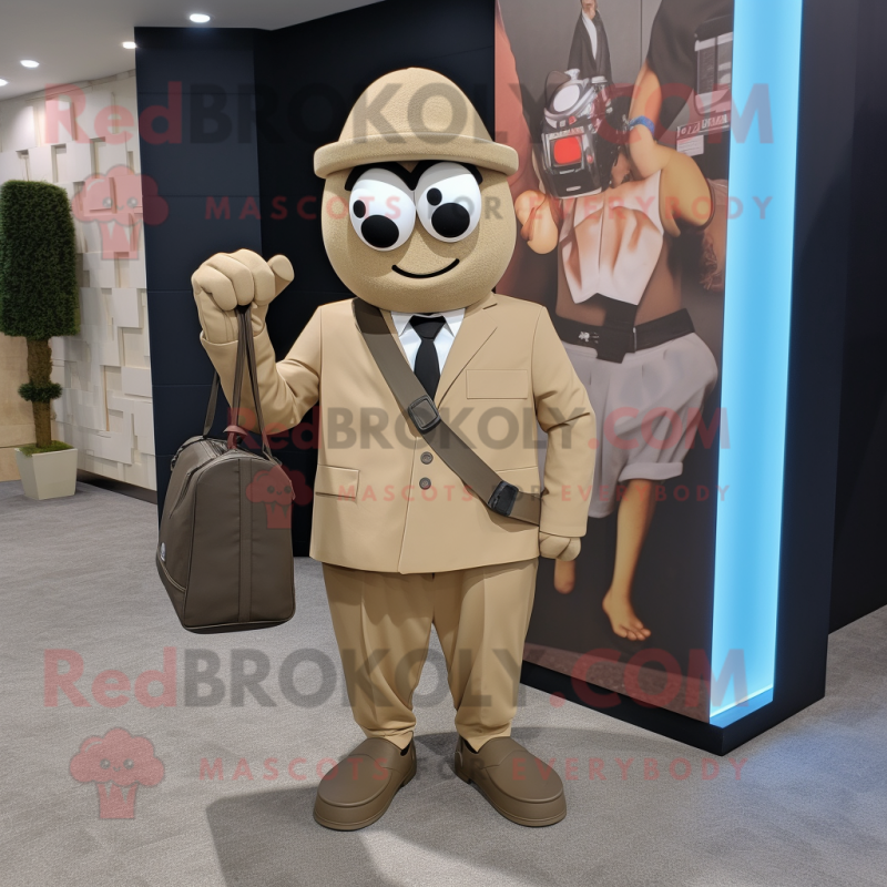 Tan Grenade mascot costume character dressed with a Suit Jacket and Tote bags