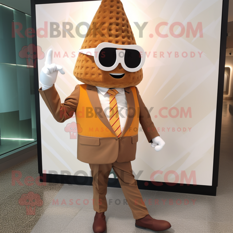 Rust Ice Cream Cone mascot costume character dressed with a Suit and Sunglasses Rust Ice Cream Cone mascot costume character dressed with a Suit and Sunglasses