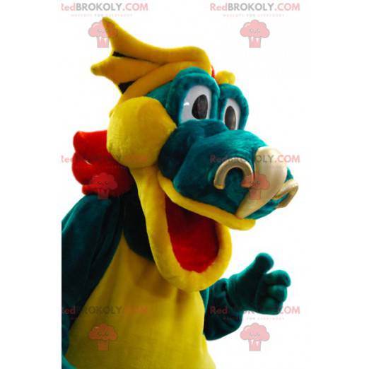 Mascotte de dragon vert et jaune. Costume de dragon -