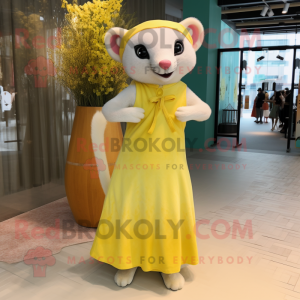 Lemon Yellow Ferret mascot costume character dressed with a Maxi Dress and Clutch bags