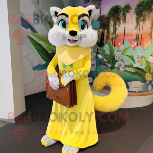 Lemon Yellow Ferret mascot costume character dressed with a Maxi Dress and Clutch bags
