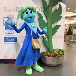 Blue Beanstalk mascot costume character dressed with a Maxi Dress and Tote bags