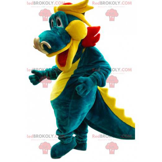 Mascota dragón verde y amarillo. Traje de dragón -