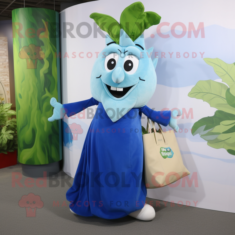 Blue Beanstalk mascot costume character dressed with a Maxi Dress and Tote bags Blue Beanstalk mascot costume character dressed with a Maxi Dress and Tote bags