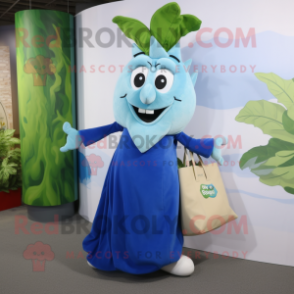 Blue Beanstalk mascot costume character dressed with a Maxi Dress and Tote bags