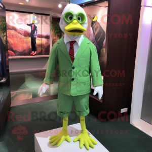Lime Green Muscovy Duck mascot costume character dressed with a Dress Shirt and Tie pins