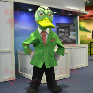 Lime Green Muscovy Duck mascot costume character dressed with a Dress Shirt and Tie pins