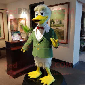Lime Green Muscovy Duck mascot costume character dressed with a Dress Shirt and Tie pins