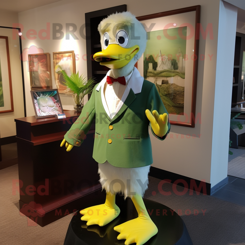 Lime Green Muscovy Duck mascot costume character dressed with a Dress Shirt and Tie pins Lime Green Muscovy Duck mascot costume character dressed with a Dress Shirt and Tie pins