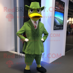 Lime Green Muscovy Duck mascot costume character dressed with a Dress Shirt and Tie pins