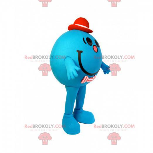 Mascotte omino blu e rotondo con un cappello rosso -
