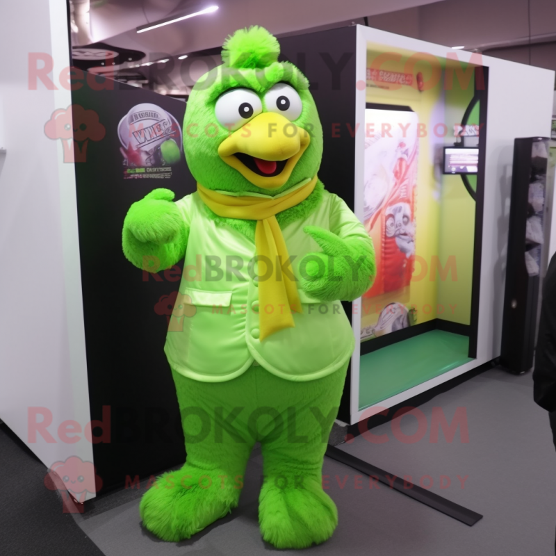 Lime Green Fried Chicken mascot costume character dressed with a Suit Pants and Scarves Lime Green Fried Chicken mascot costume character dressed with a Suit Pants and Scarves