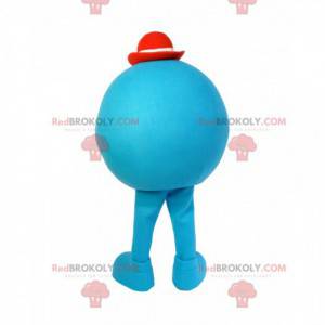 Mascotte de petit bonhomme bleu et rond avec un chapeau rouge -