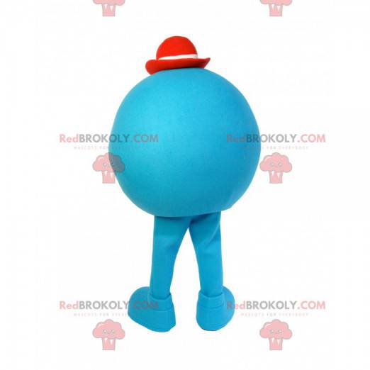 Maskottchen kleiner blauer und runder Mann mit rotem Hut -