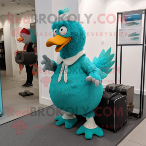 Teal Chicken mascot costume character dressed with a Jumpsuit and Messenger bags