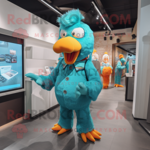 Teal Chicken mascot costume character dressed with a Jumpsuit and Messenger bags