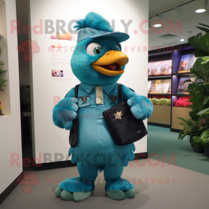 Teal Chicken mascot costume character dressed with a Jumpsuit and Messenger bags