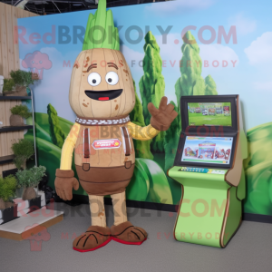 Brown Asparagus mascot costume character dressed with a Romper and Digital watches