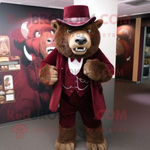 Maroon Bison mascot costume character dressed with a Blazer and Hats