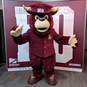 Maroon Bison mascot costume character dressed with a Blazer and Hats