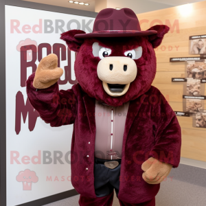 Maroon Bison mascot costume character dressed with a Blazer and Hats