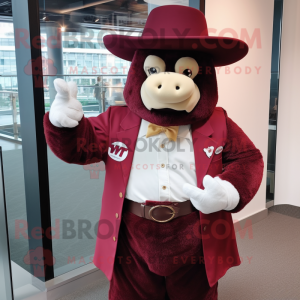 Maroon Bison mascot costume character dressed with a Blazer and Hats