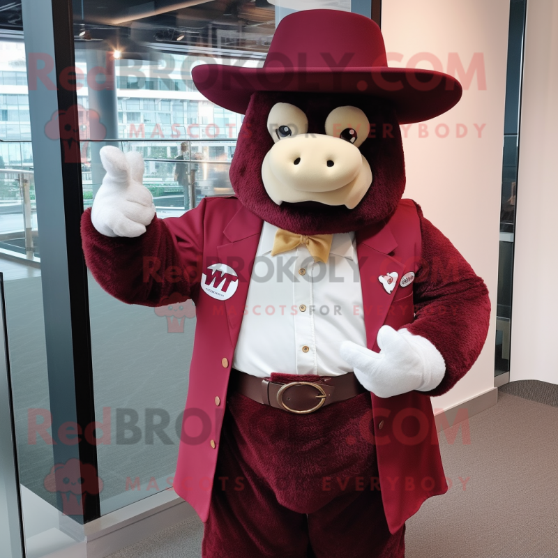 Maroon Bison mascot costume character dressed with a Blazer and Hats Maroon Bison mascot costume character dressed with a Blazer and Hats