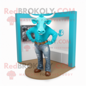 Turquoise Bull mascot costume character dressed with a Jeans and Pocket squares