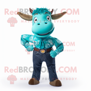 Turquoise Bull mascot costume character dressed with a Jeans and Pocket squares