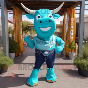 Turquoise Bull mascot costume character dressed with a Jeans and Pocket squares