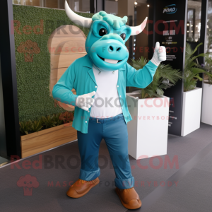 Turquoise Bull mascot costume character dressed with a Jeans and Pocket squares