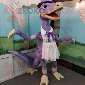 Lavender Coelophysis mascot costume character dressed with a Pencil Skirt and Bow ties