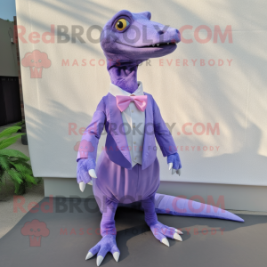 Lavender Coelophysis mascot costume character dressed with a Pencil Skirt and Bow ties