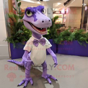 Lavender Coelophysis mascot costume character dressed with a Pencil Skirt and Bow ties