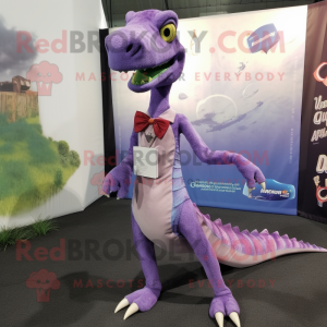 Lavender Coelophysis mascot costume character dressed with a Pencil Skirt and Bow ties