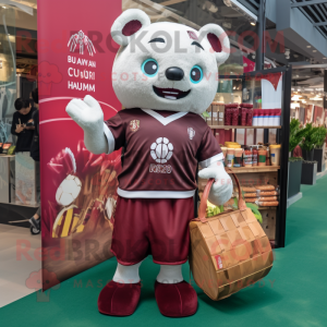 Maroon Dim Sum mascot costume character dressed with a Rugby Shirt and Tote bags