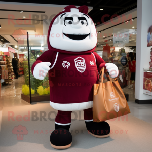 Maroon Dim Sum mascot costume character dressed with a Rugby Shirt and Tote bags