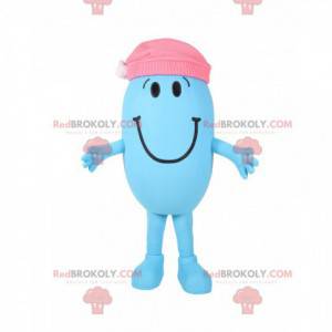Maskottchen kleiner blauer und ovaler Mann mit einer rosa Kappe