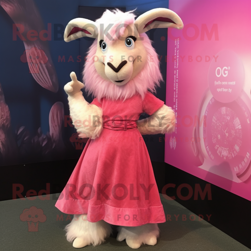 Pink Angora Goat mascot costume character dressed with a Maxi Dress and Cummerbunds