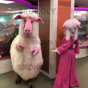 Pink Angora Goat mascot costume character dressed with a Maxi Dress and Cummerbunds